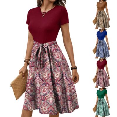 Women's Fashionable Retro Patterned Printing Color Blocked Belt Casual Dress