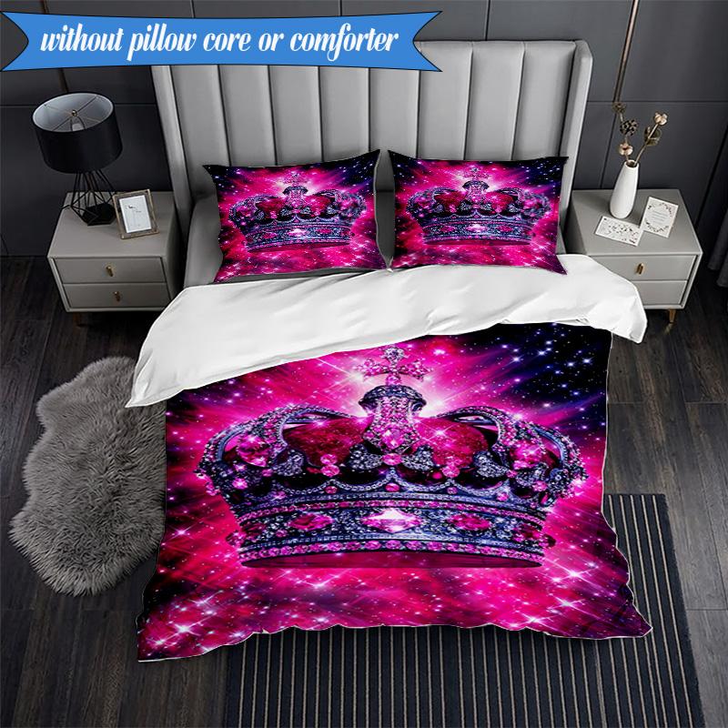 3PCS Pink Crown Sparkle Majesty Bedding Set,Including 1pc Duvet Cover And 2pcs Pillowcases Perfect for Bedroom, Dormitory, Fan Christmas Gift