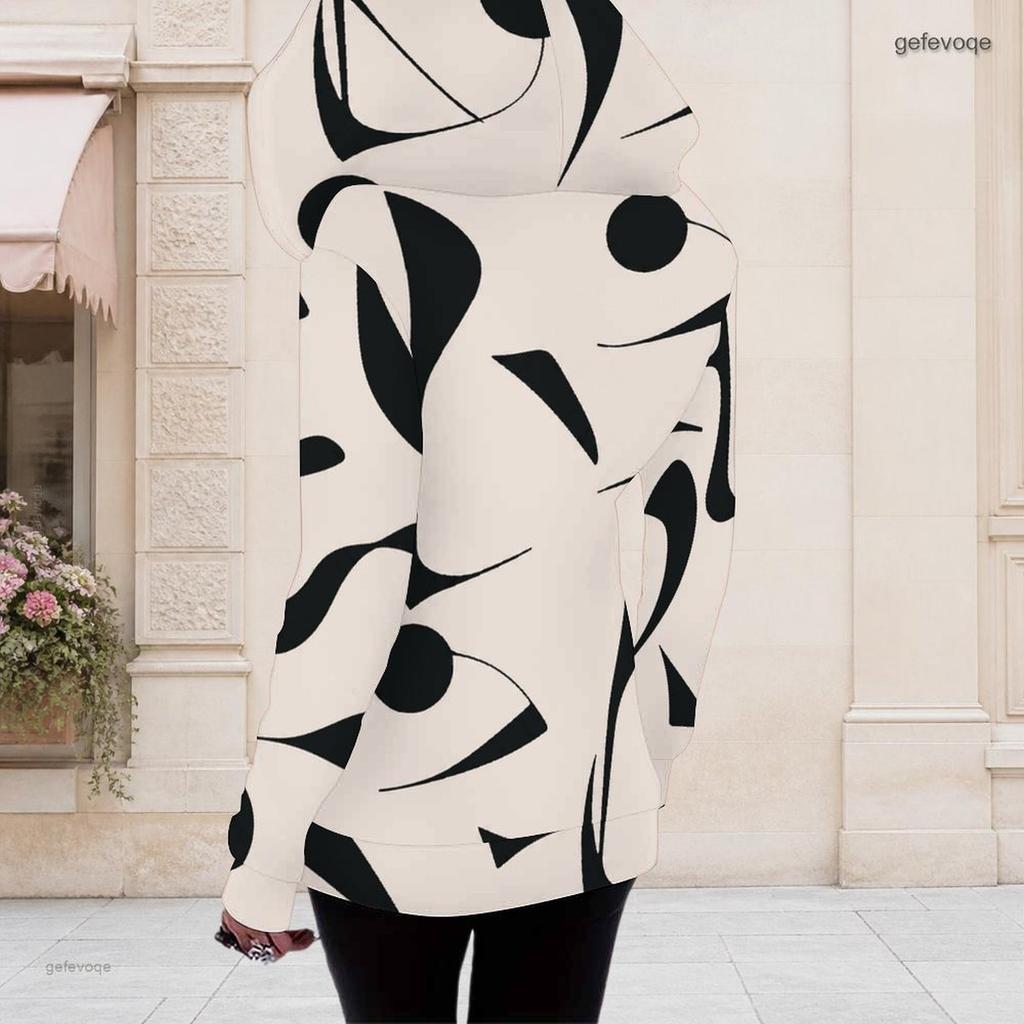 Women Plus Size Black Beige Printed Asymmetric Cutout Neck Hooded Long Sleeve Fitted Top