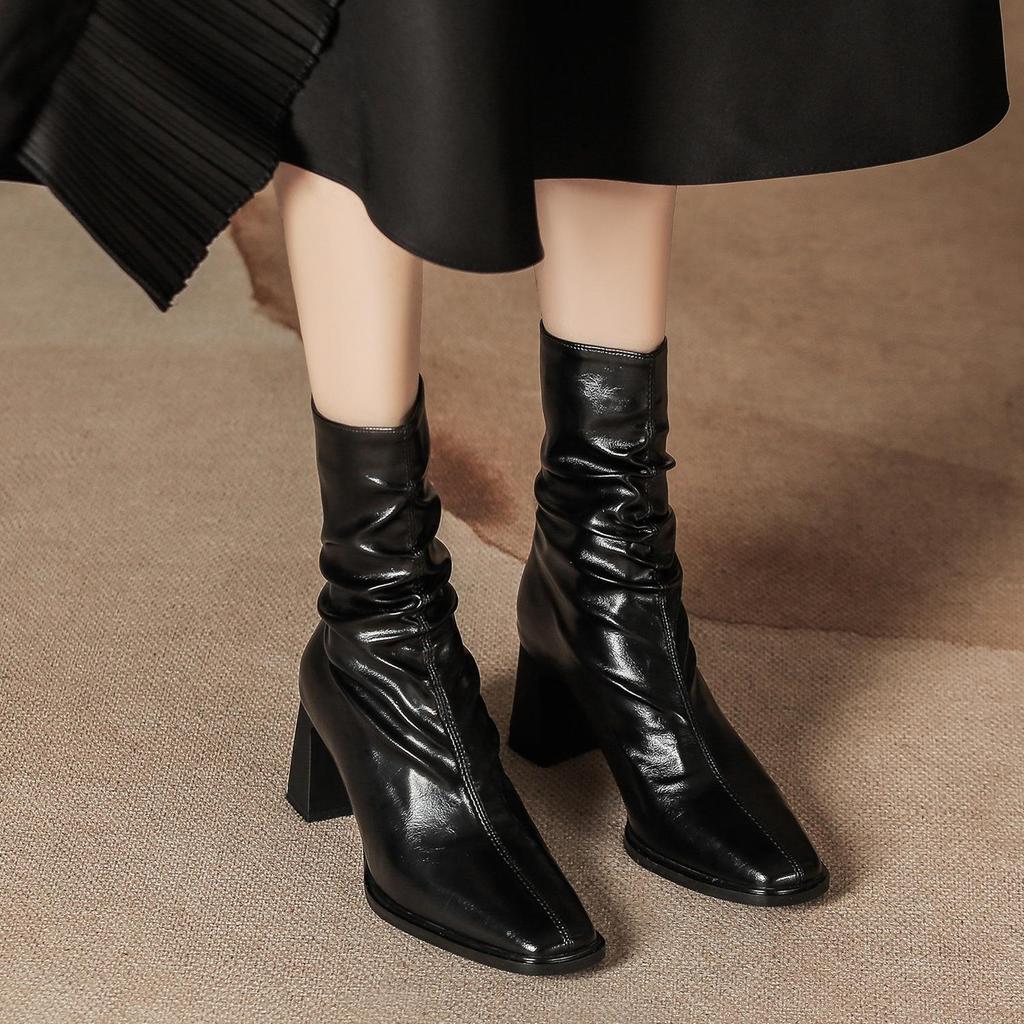 Pleated Retro French Ankle Boots with Velvet Lining, Mid-Calf Height, Back Zipper, and Slim Square Toe for Women.