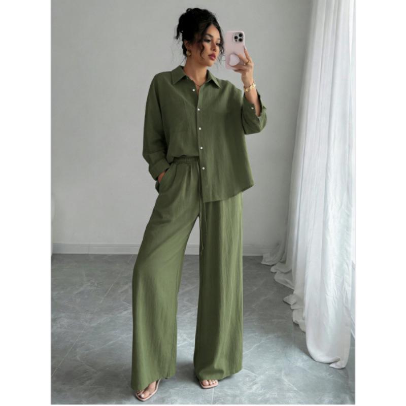 Spring Fashion Plus-Size Women's Two-Piece Set: Linen-Style Shirt & High-Waisted Loose Pants