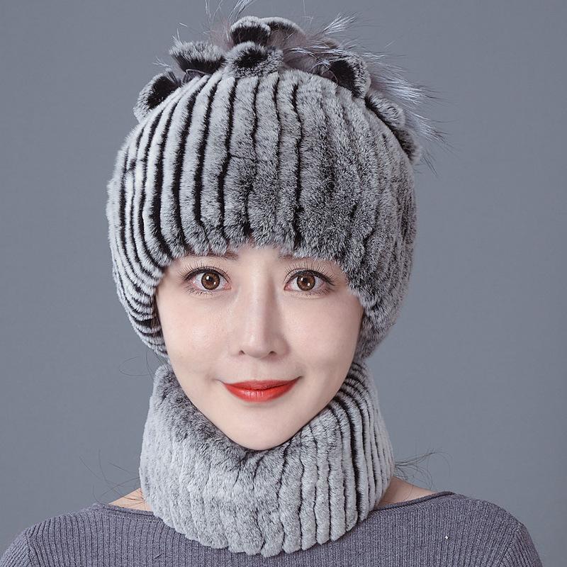 New Rex rabbit fur wool hat women's autumn and winter warm scarf fashion thickened ear protection flower suit tide