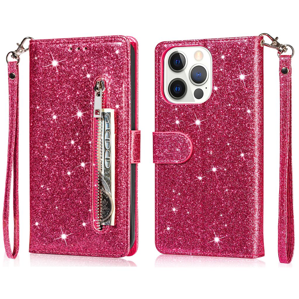 For iPhone 16 Pro Max Case Glitter Leather Stand Phone Cover Zipper Pocket