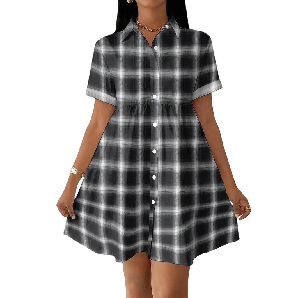 Women’s Casual Loose Fit Shirt Dress Button Front Stand Collar Plaid Pattern Short Sleeve Relaxed Tunic Dress for Daily Wear