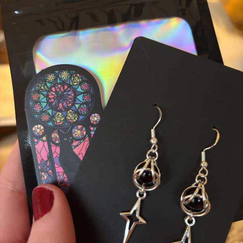 Star Sparkle Gothic Silver Earrings with Black Bead Pendants