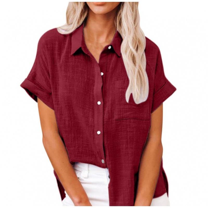 Frauen Sommer Einfarbig Baumwolle Leinen Shirts Revers Kurzarm Button Up Unregelmäßige Tasche Blau Weißes Hemd