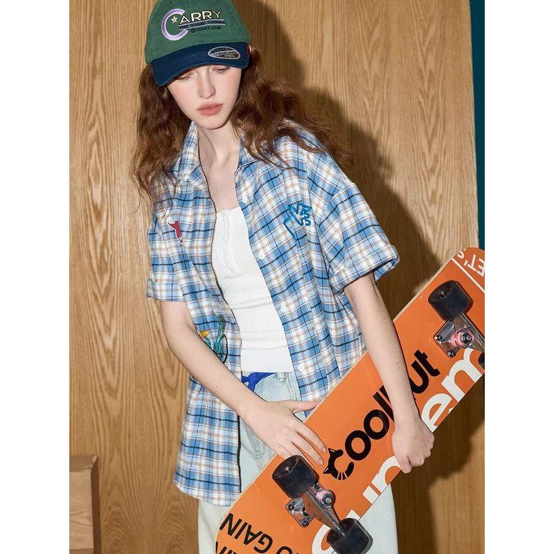 Coolhut American Retro Preppy Style Short-Sleeved Plaid Printed Loose and Versatile Tops for Women 2025 Summer Shirts