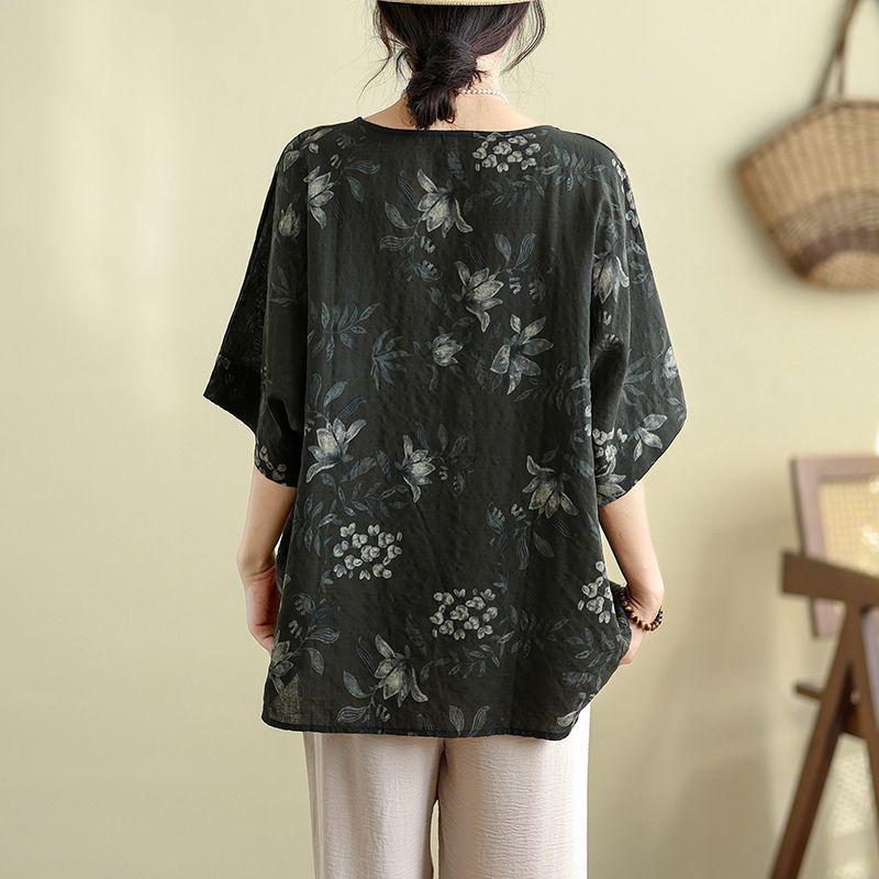 Damen Schwarz Blumendruck Lockerer Schnitt Halbe Ärmel Leinenmischung Freizeitbluse