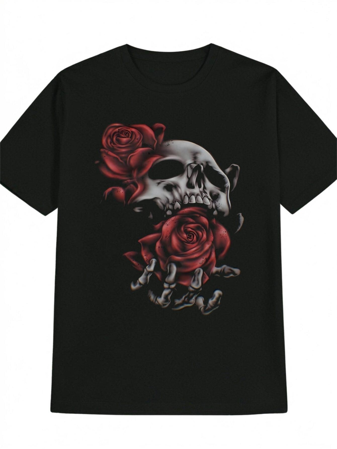 Gothic Skull & Red Roses Graphic T-shirt - Black Heavy Metal Tee S