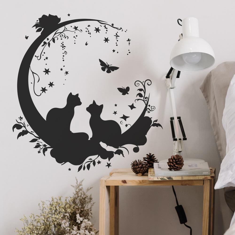 Creative Couple Cats Silhouette Wall Stickers, Romantic Home Decor for Bedroom, Living Room and Hallway, Love Themed Wall Art