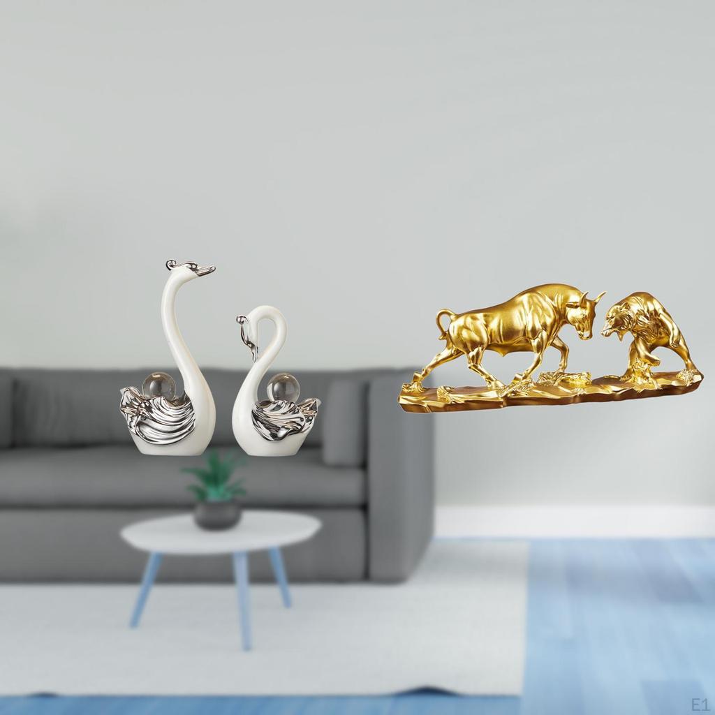 Porcelain Swan And Bull Figurine Collection Modern Chinese Animal Sculpture Ornaments for Living