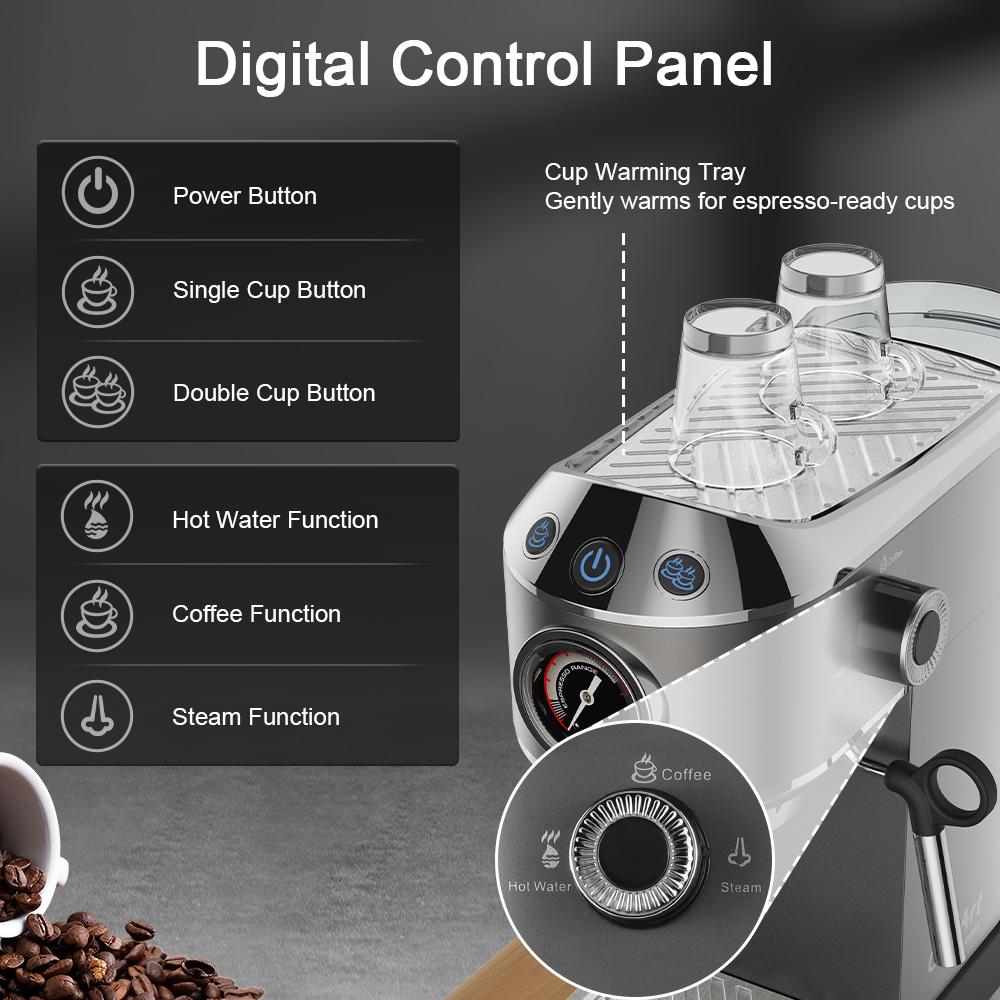 Biolomix 7008 Stainless Steel Espresso Coffee Machine,20Bar Pressure,1450W,Pressure Gauge,Milk Frother Steam Wand,Tank for Home Latte Cappuccino