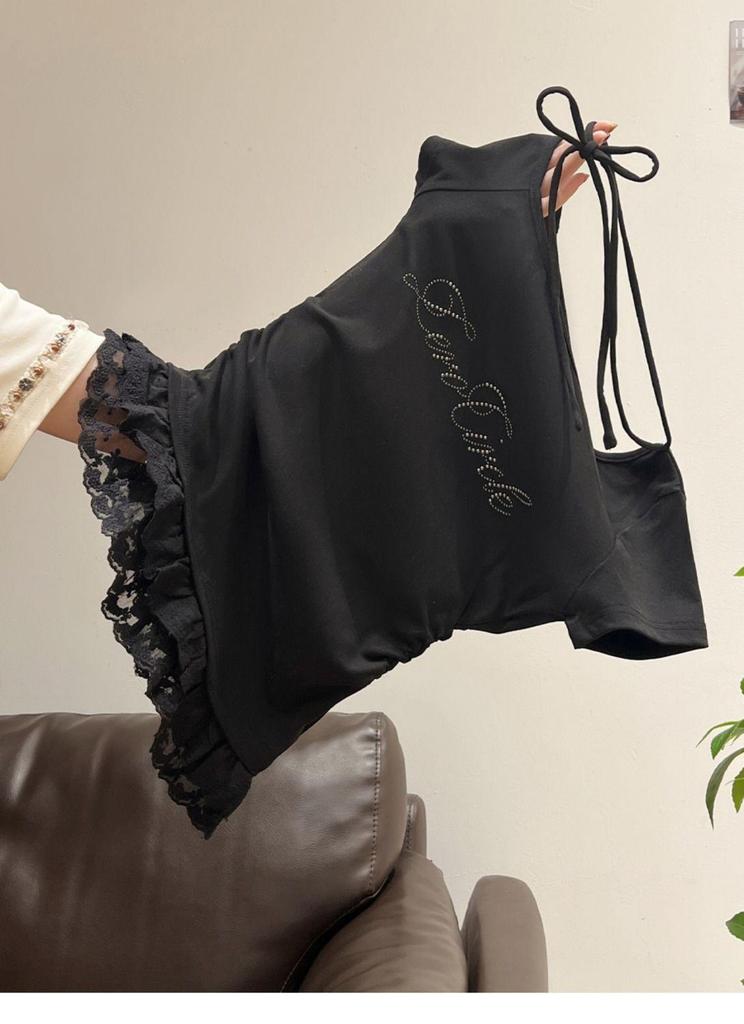 Lace-Trimmed Printed Letter Short Sleeve Slim Fit Summer Top