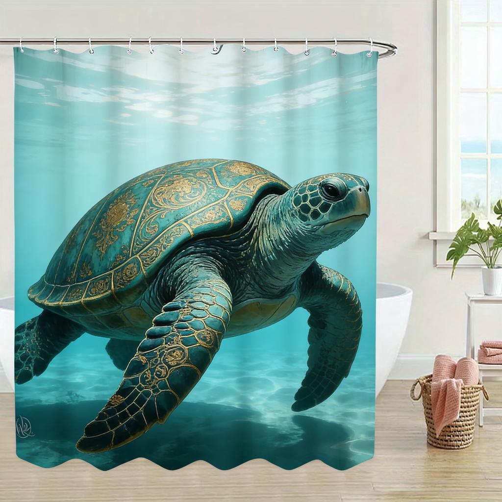 Ornate Gold Patterned Sea Turtle Underwater Waterproof Shower Curtain