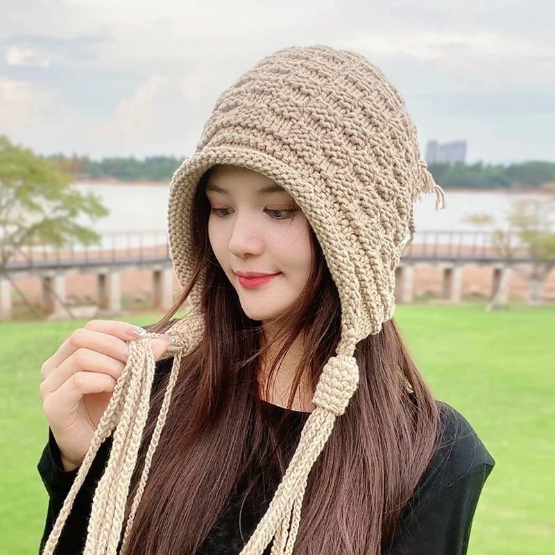 Tassel Wool Hat Women's Autumn and Winter Warm Ear Protection Red Knitted Hat Sweet Versatile Pullover Cold Hat