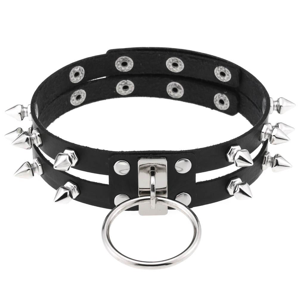 Double Line Rivet Spiked Choker, Cool Punk Hanging Ring Faux Leather Neckband