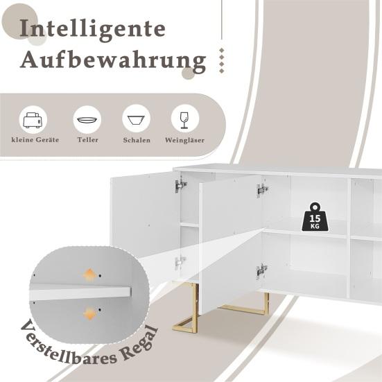 U-shaped Handle Metal Legs Kitchen Cabinet with 3 Doors Height-Adjustable Shelves Coffee Bar Storage Cabinet Dining Room Furniture, White