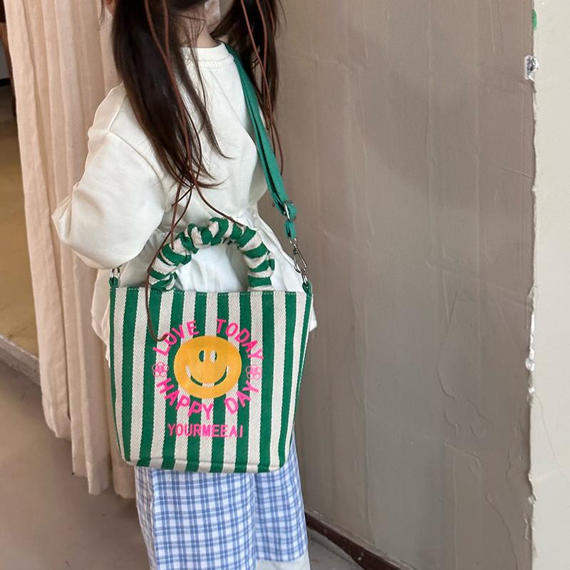 Face Cute Smiley Unisex Kids Shoulder Bag Fashionable Striped Children Pleated