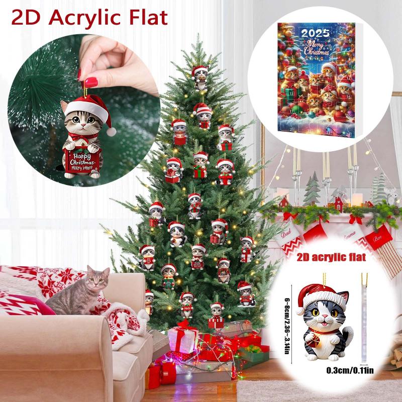 Kätzchen Adventskalender 2025 2D Acryl Katzenanhänger Weihnachtsbaumdeko 24 Tage Weihnachten Countdown Kalender Geschenk Für Katzenliebhaber