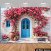 2D Summer Santorini Backdrop Pink Floral Stone Wall Photo Banner
