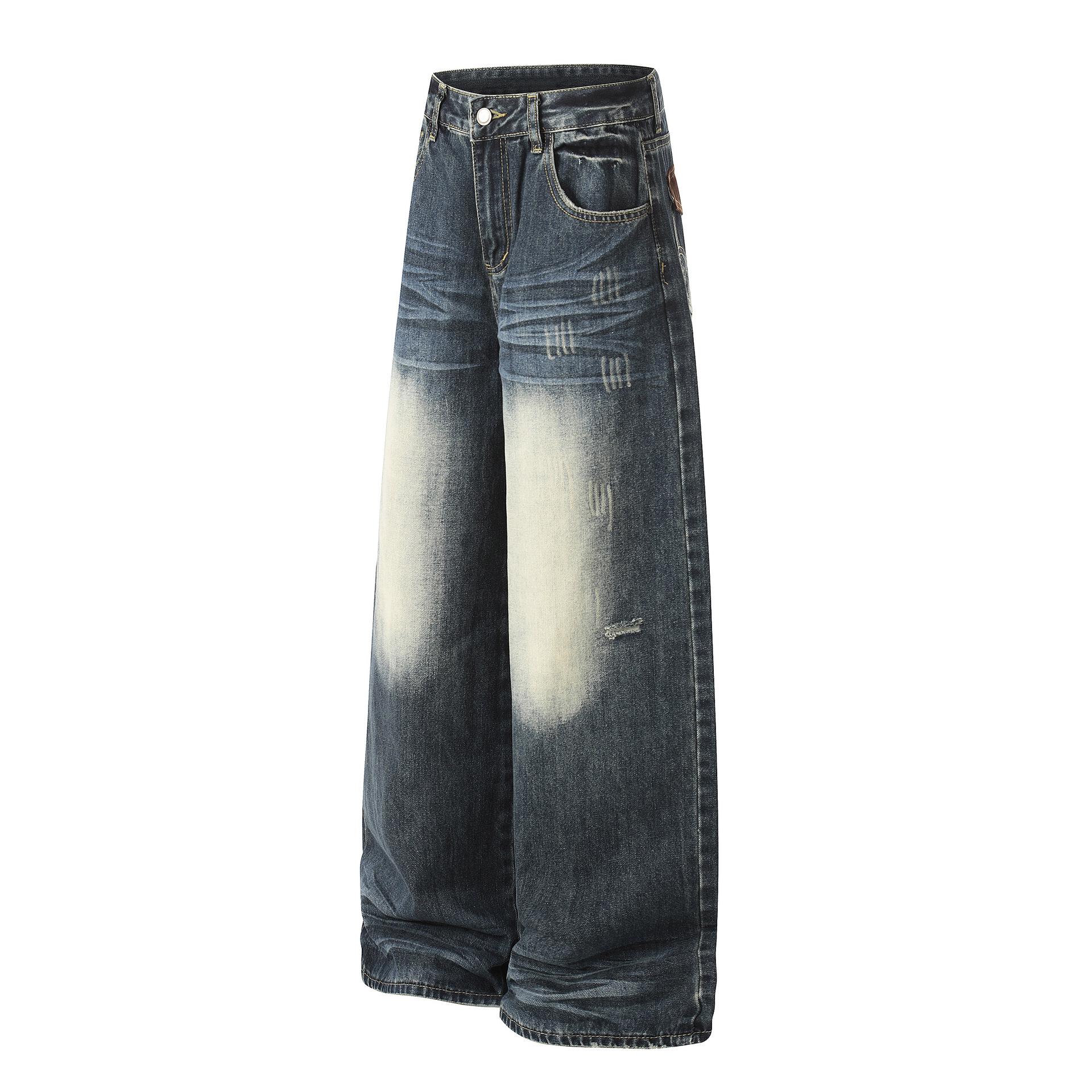 26 Spring American Street Trend Retro Washed Design Denim Long Pants for Men and Women S синий