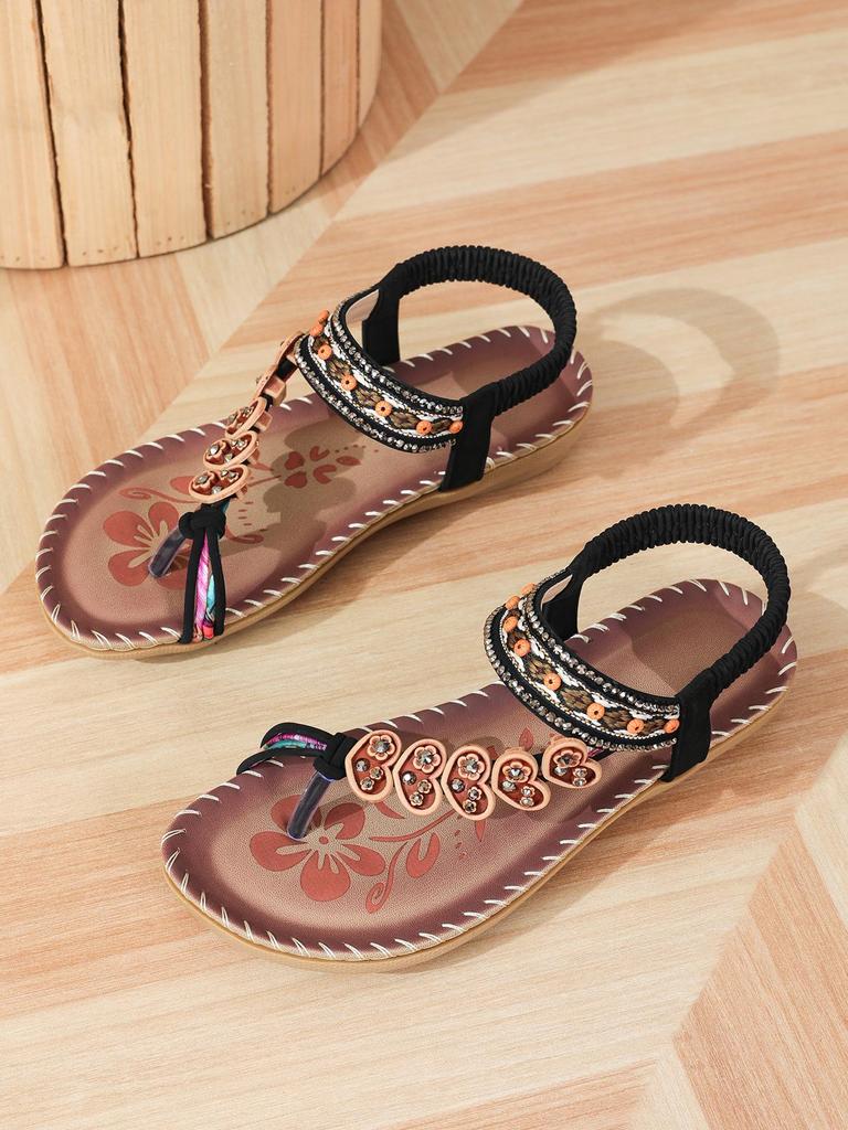 Boho Etniczne Damskie Sandały z Koralikami - Letnia Moda Płaskie Klapki