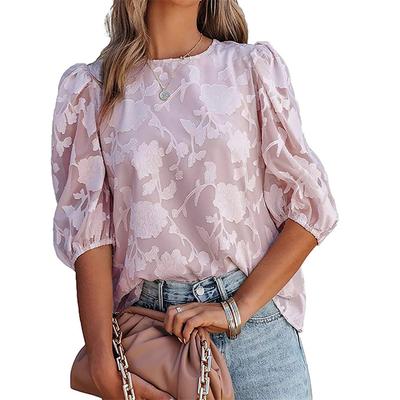 Women Puff Sleeves Chiffon Top Round Neck Jacquard Fabric Loose Casual Blouses Tops for Home
