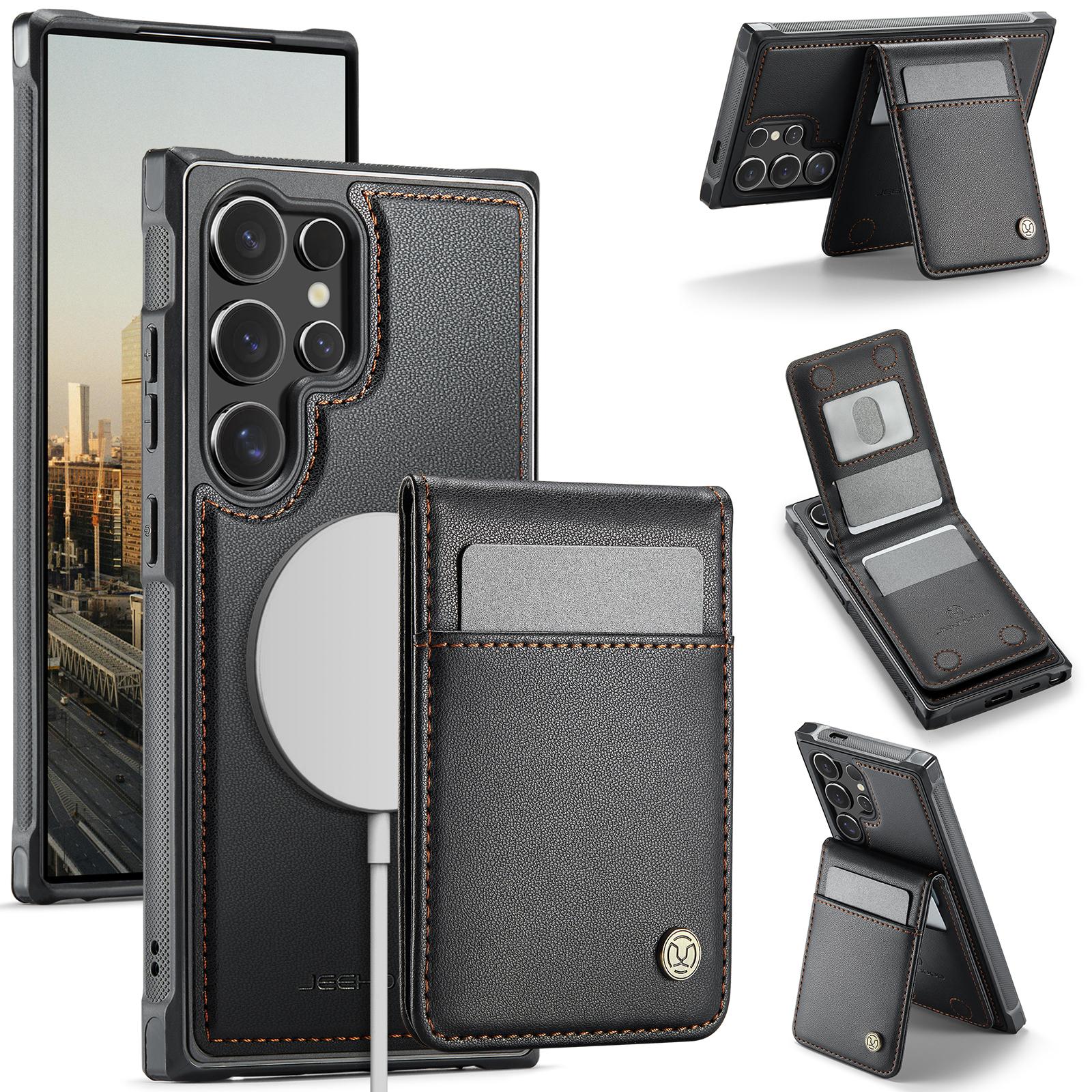 

For Samsung Galaxy S25 Ultra Leather Back Cover Compatible with MagSafe JEEHOOD J06 Phone Case with Card Bag RFID Blocking Black