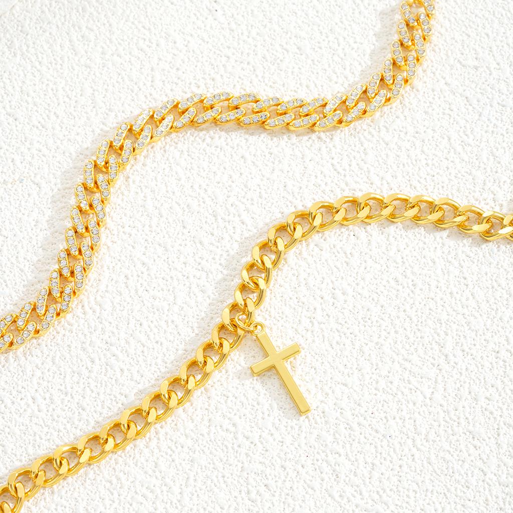 2Pcs/Set Gold Color Crystal Cross Cuban Bracelets for Women Men Punk Chunky Wide Unisex Bracelets Set Hip Hop Daily Wear Jewelry