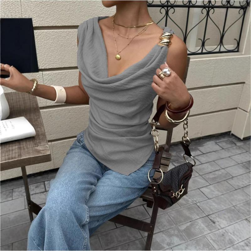 Womens Cowl Neck Sleeveless Blouse With Metal Button Shoulder Detail Casual Solid Color Tank Top