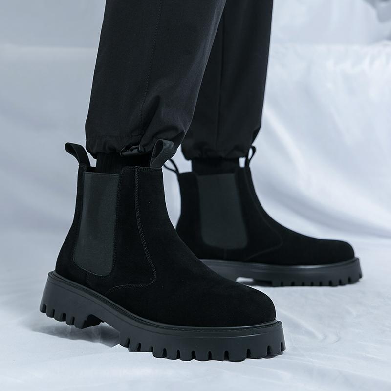 Fashion New Chelsea Boots, Slip-resistant and Durable Mid-calf British Style Thick-soled Heightening Genuine Leather Men's Boots