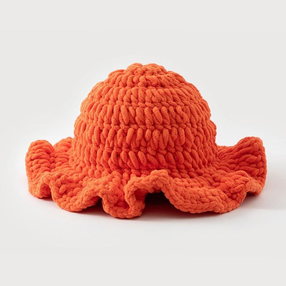 Sweet Ruffled Edge Fisherman Hat Cable Knit Winter Warm Bucket Hat Windproof Knitted Beanie  Women