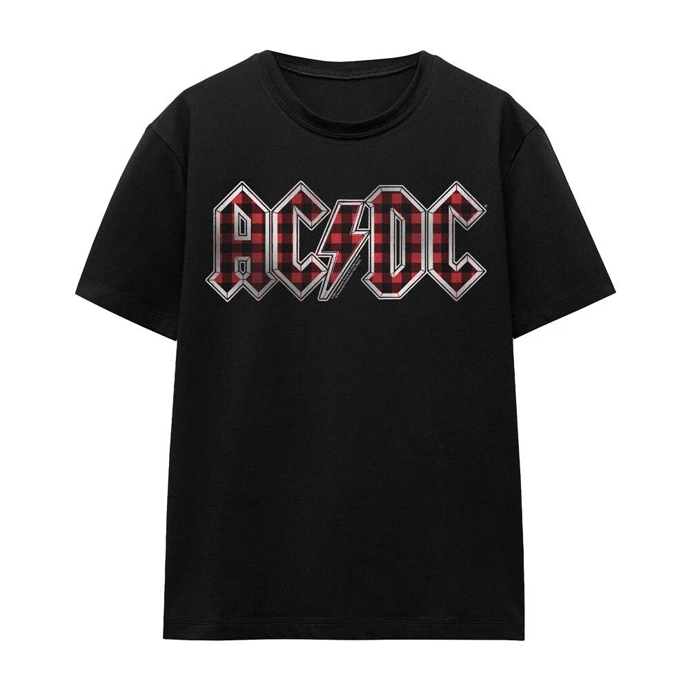ACDC Plaid Logo Ladies 100% Cotton T-shirt Mens Tees Top S-2XL, Black S