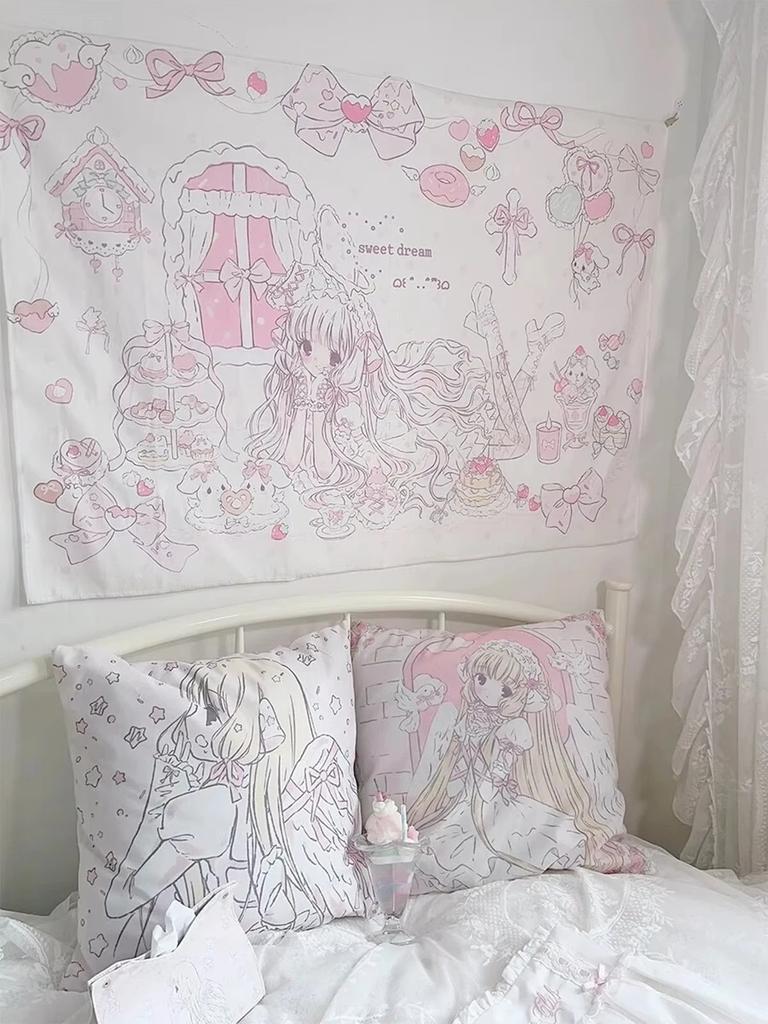 Sweet Dream Tapestry Wall Hanging Pink Purple Heart Cake Bow Design Dreamy Healing Style Bedroom Decor For Girls And Women