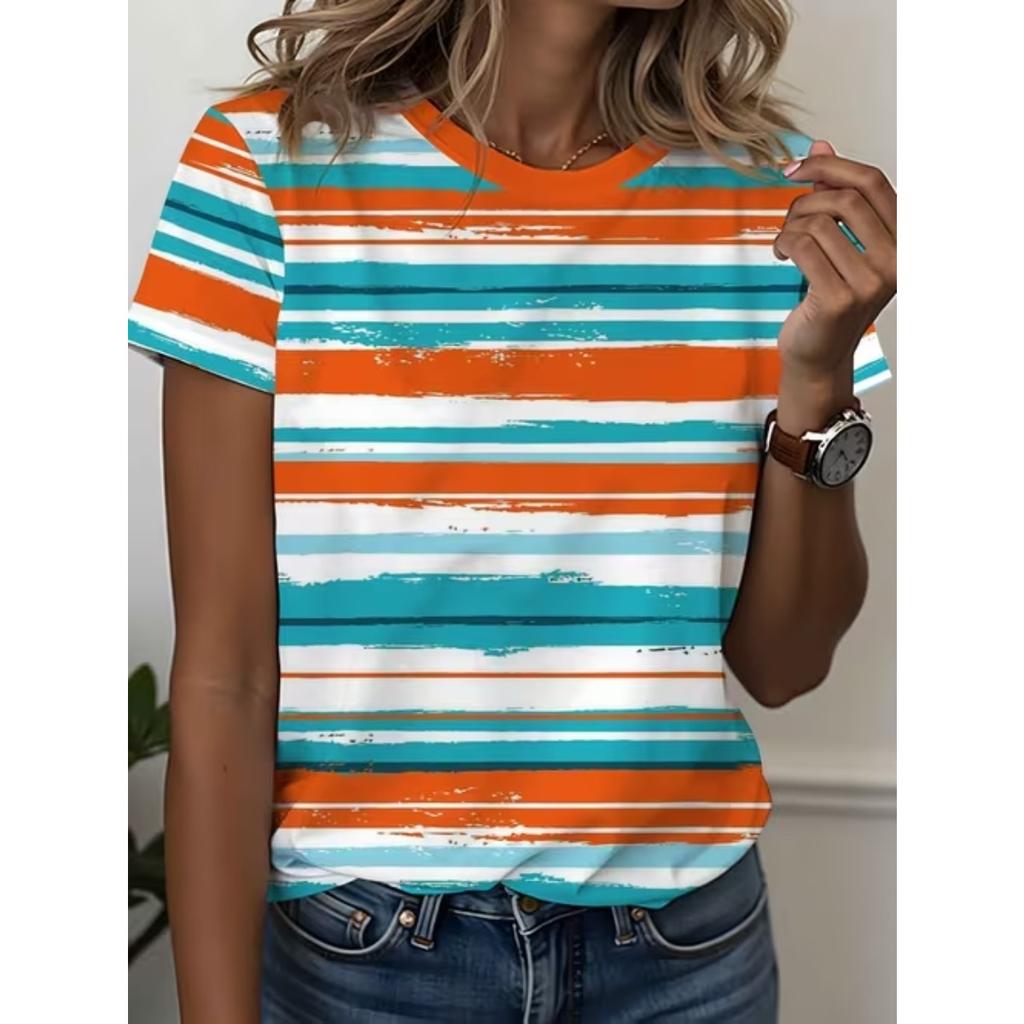 Fashion Women Retro Line Patterns Print T Shirt Funny Casual O-neck Short Sleeves T-shirt Summer Female Tee Shirt