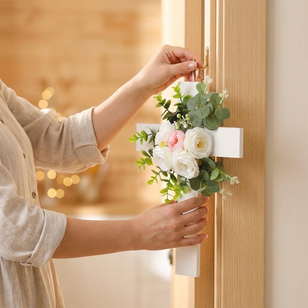 Påskkors Konstgjord Blomsterdekoration, Högtidsfest Väggdekoration, Utomhuskrans, Dörrhänge, Vägghänge