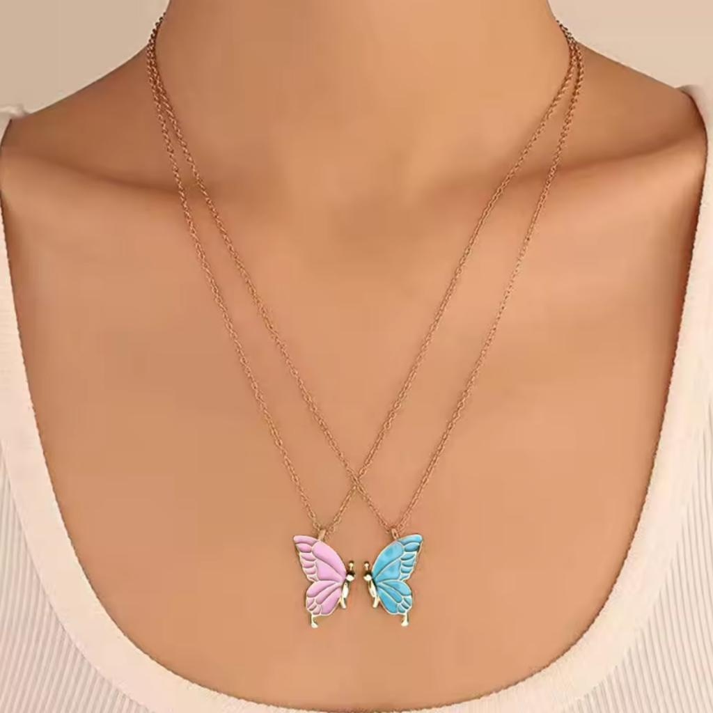Two-piece gold, blue, and pink butterfly friendship necklace set - a simple and versatile two-piece set for women, suitable for