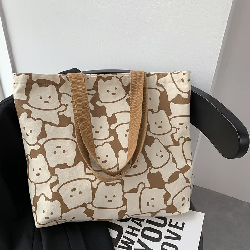Zabonchie Cute Canvas Tote Large Shoulder School Outing Zippered Bag, Capacity, Bag, Bag, Bag, (Cartoon Bear)