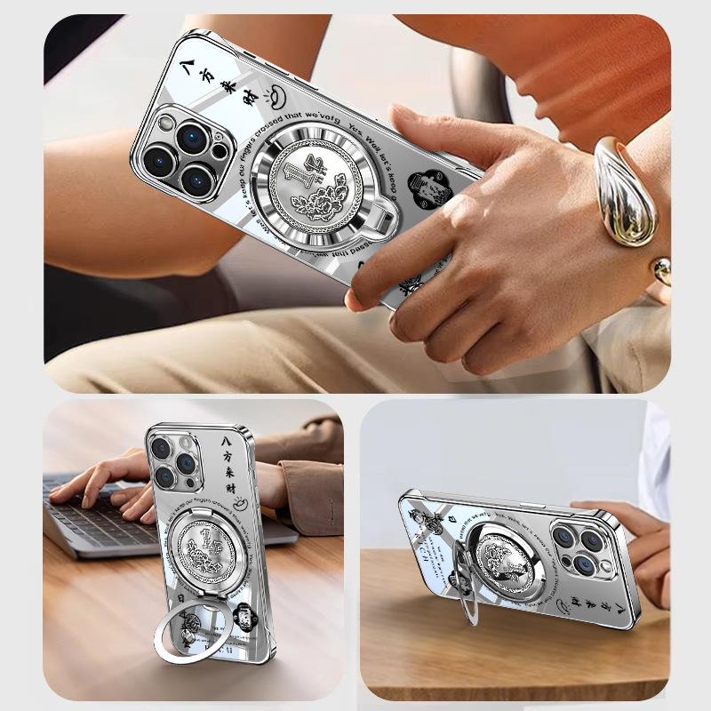 Bafanglai Is Suitable for Apple 16pro Mobile Phone Case 13 Rotating 100 Million Bracket 15 Guofeng 14 Electroplating Without Border.