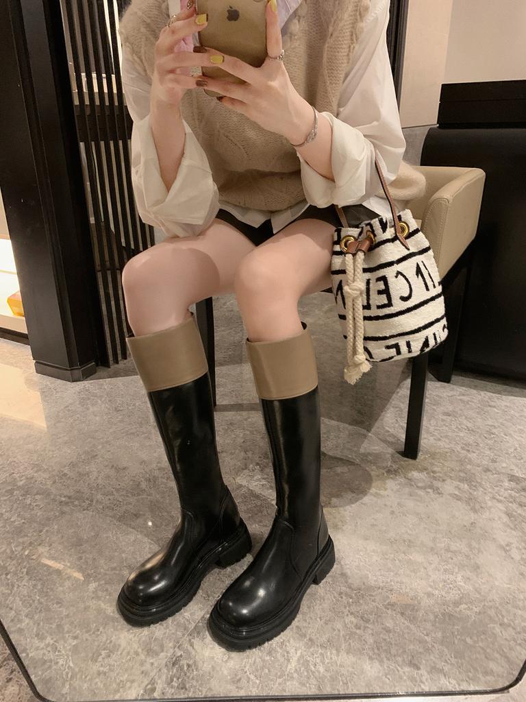 In stock! Grape mother has the same color matching fashion round head thick sole thick heel knight boots for women's autumn and winter boots in 2025