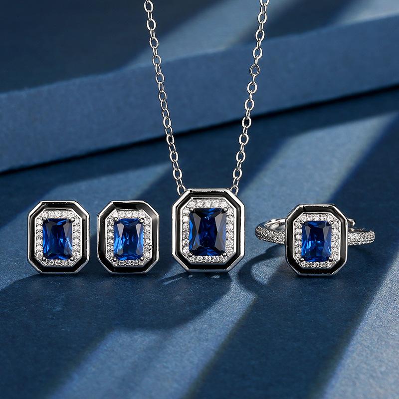 Jewelry Copper Bottom Gold-Plated Retro Simulation Blue Spinel Square Diamond Simple Wind Suit Female 6 * 8-5 * 7