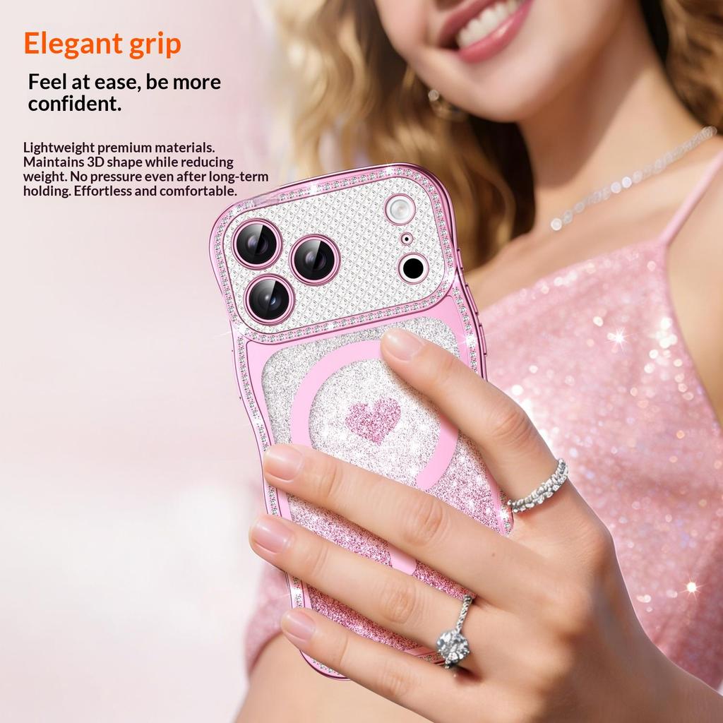 For iPhone 17 Pro Magnetic Case Electroplated Wave Frame Rhinestone Decor TPU PC Phone Cover with Love Glitter Paper