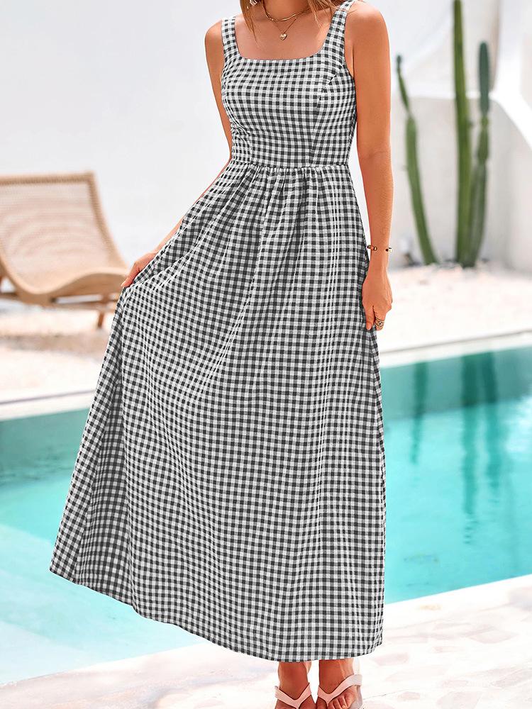 European & American Style Square Neck Plaid Shirred Dress - Fashionable Strappy Casual Women's Dress