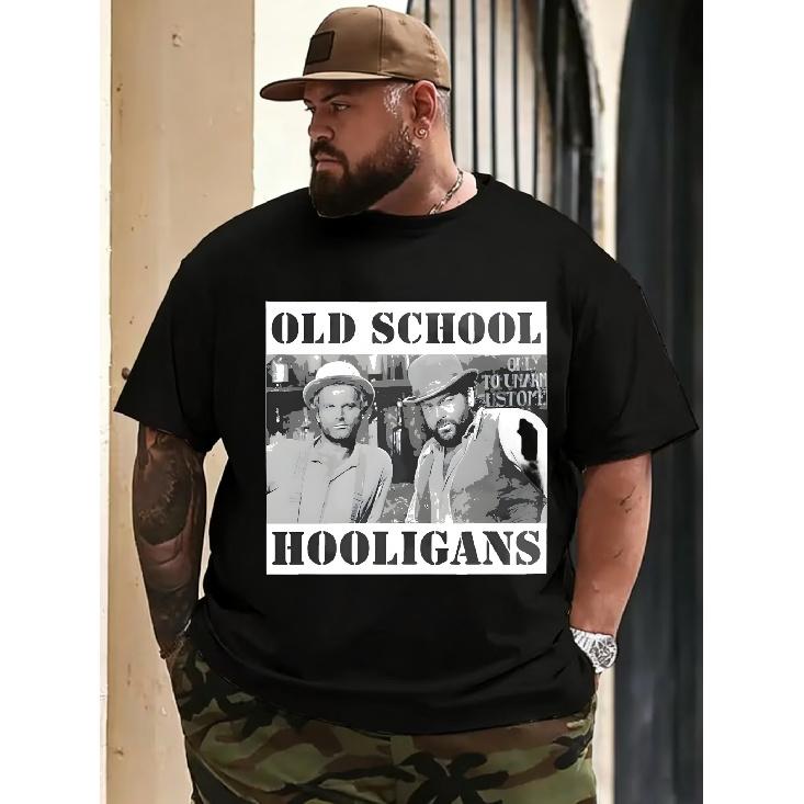 Outfit Casual Streetwear da Uomo con Grafica Vintage Hooligans su T-Shirt Nera, Taglia Grande