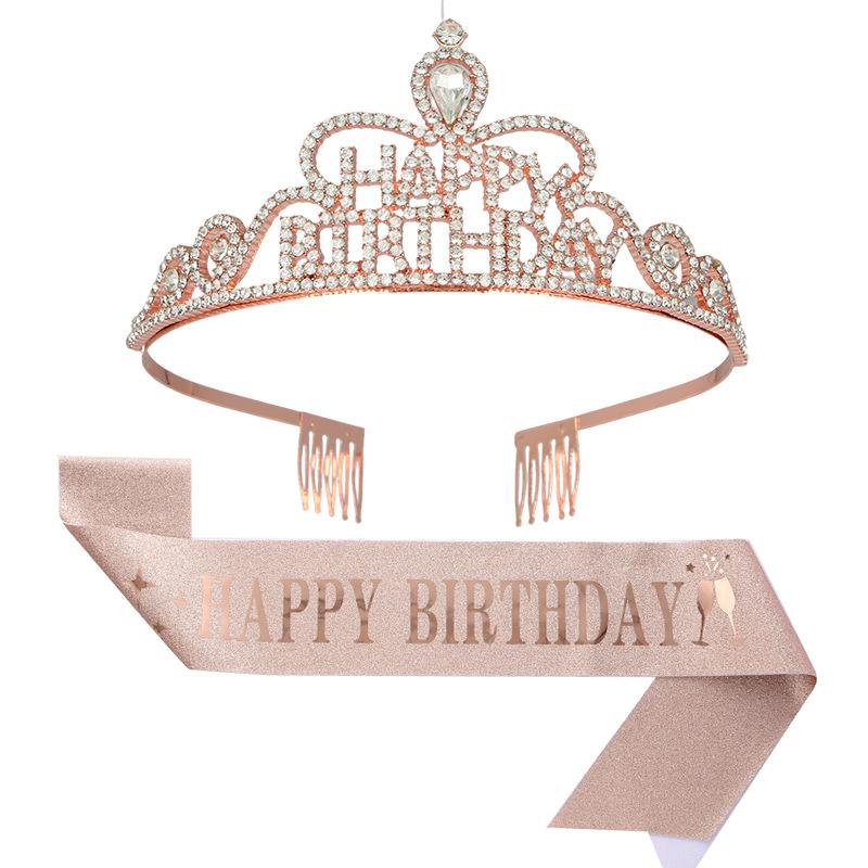 Happy Birthday Party Crown Hair Band Crystal Headwear Hair Accessory Gold Onion Cloth Belt Sash