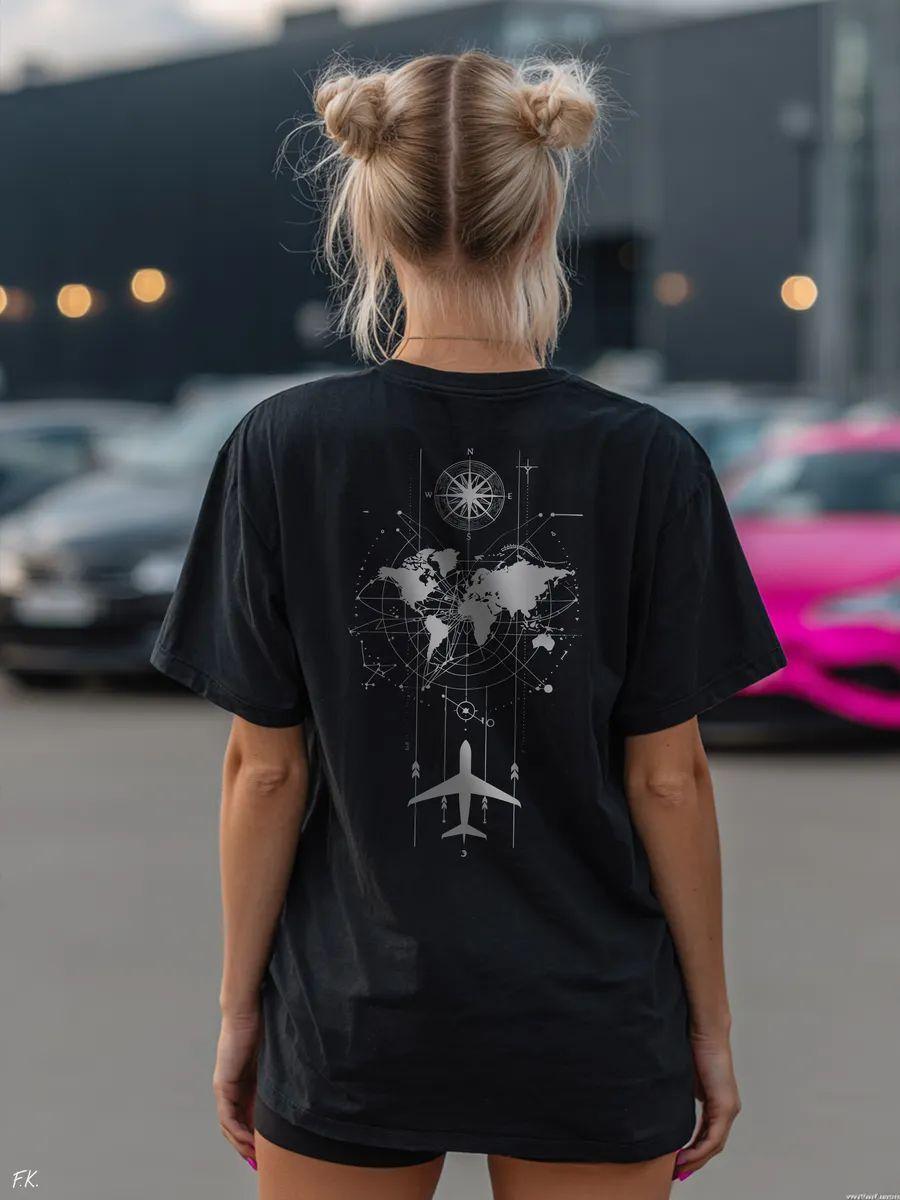 Oversized T‑shirt with world map, compass and airplane print 2XL
