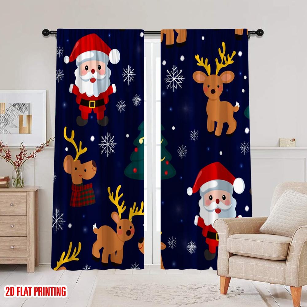 2pcs,2D Plane Printing Window Curtain Christmas Trees Santa Reindeer Snowflakes Polyester Fabric (without Rod) All Seasons