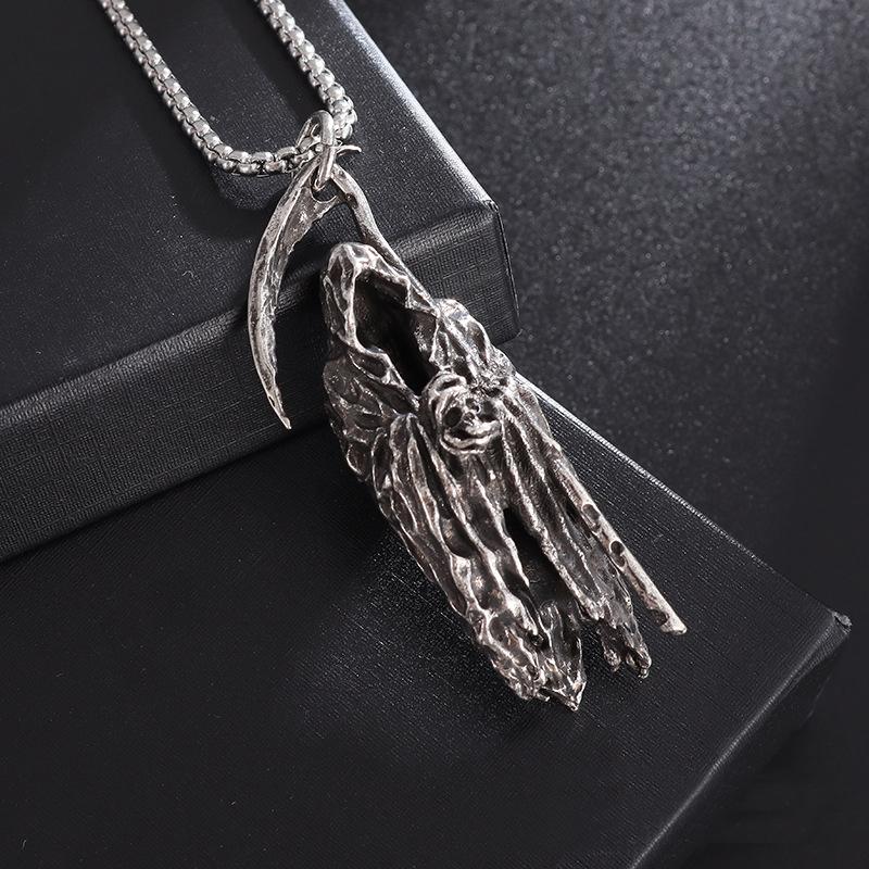 Retro Cloaked Grim Reaper with Sickle Pendant Necklace For Men Hip Hop Punk Copper Color Stainless Steel Neck Chain Jewelry Gift