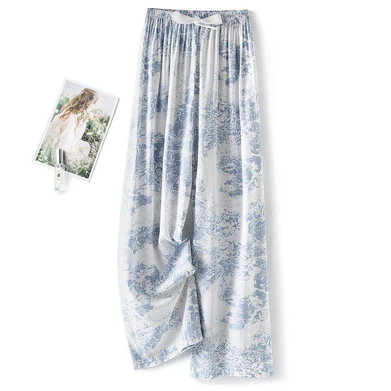 Pantaloni de pijama din bumbac mătase pentru femei, secțiune subțire de vară, anti-țânțari, pantaloni cu picior lat, culoare uni, pentru exterior, casă, petrecere a timpului liber, imprimeu, pantaloni de plajă până la genunchi