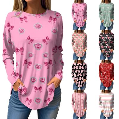 Women's  Loose Casual Bow Printed Round Neck Long Sleeved T Shirt Top Pullover Long Sleeved Sweatshirt